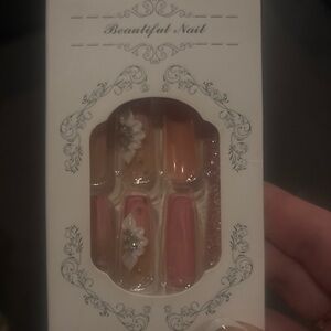 Pink 3D Floral with Rhinestones Press-On Nail Set-24 nails